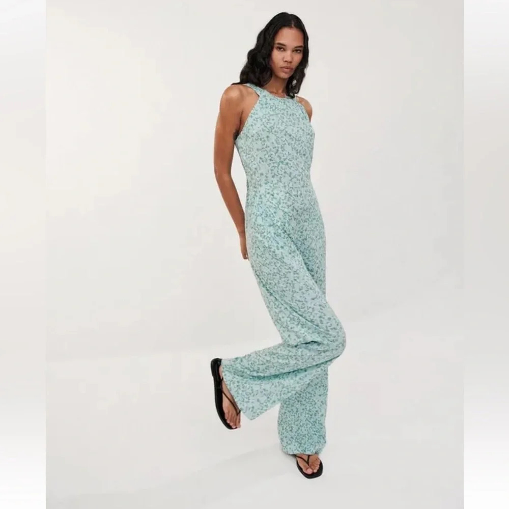 Zara Blue & Green Floral Highneck Smocked Back Jumpsuit Small